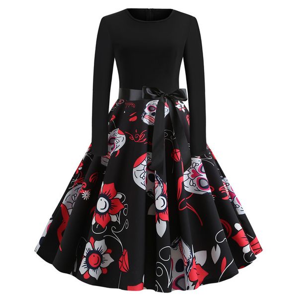 

halloween skull print gothic summer dress 2019 o-neck skull print long sleeve vintage 50s pin up rockabilly party dresses swing, Black;gray