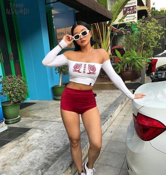 

women chinese welcome short carp embroidery white crop 2020 summer long sleeve off the shoulder t shirts harajuku t shirt