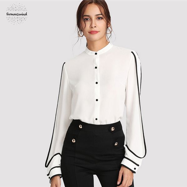 

white elegant blouse stand collar long sleeve button black striped autumn women workwear shirt striped drop shipping