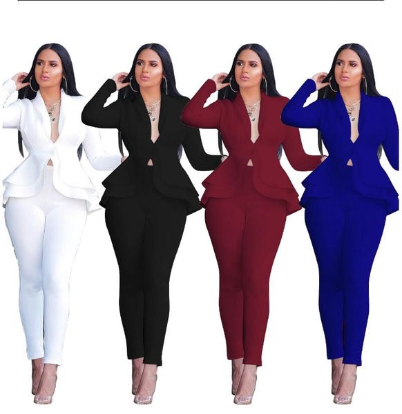 

new women winter women's set tracksuit full sleeve ruffles blazers pencil pants suit two piece set office lady outfits uniform, White