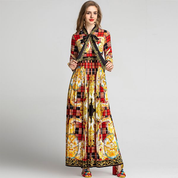 

spring fashion runway maxi dress women's long sleeve bow gorgeous flower plaid print vintage long dress, Black;gray