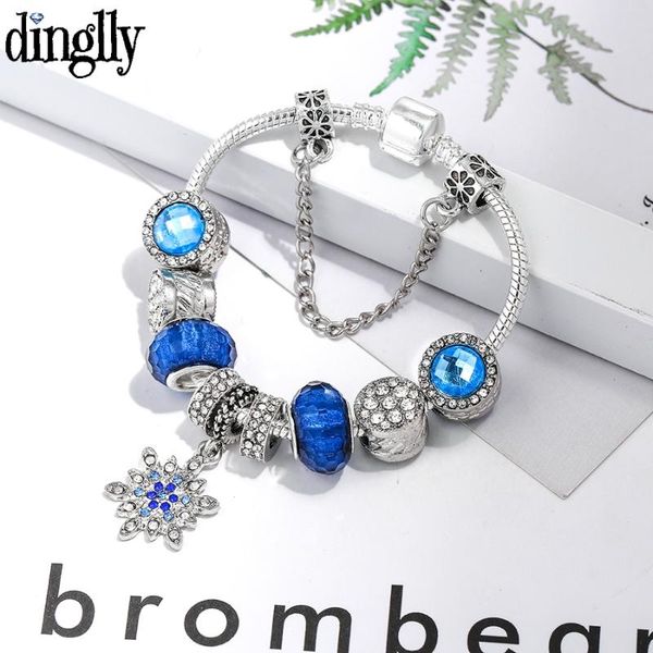 

dinglly blue crystal snowflake charm bracelets for women men original blue crystal silver color beads bracelet bangle jewelry, Golden;silver