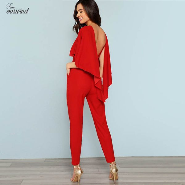 

red backless open shoulder cloak cape jumpsuit elegant solid sleeve stretchy jumpsuits women autumn highstreet jumpsuit, Black;white