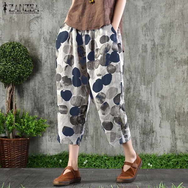 

2019 zanzea summer women pants long trousers elastic waist wide legs polka dot harem pants plus size pantalon femme streetwear, Black;white