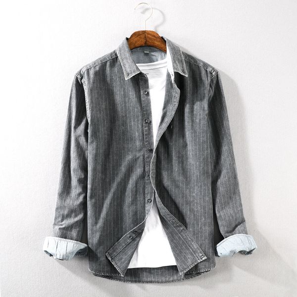 

2020 мужские винтажные длинным рукавом полосатой рубашки япония простой стиль случайные рубашки мужчины черный серый поворот вниз воротник х, White;black