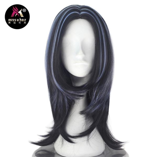 

miss u hair synthetic girl's long wave black and blue hair cosplay halloween party wigs