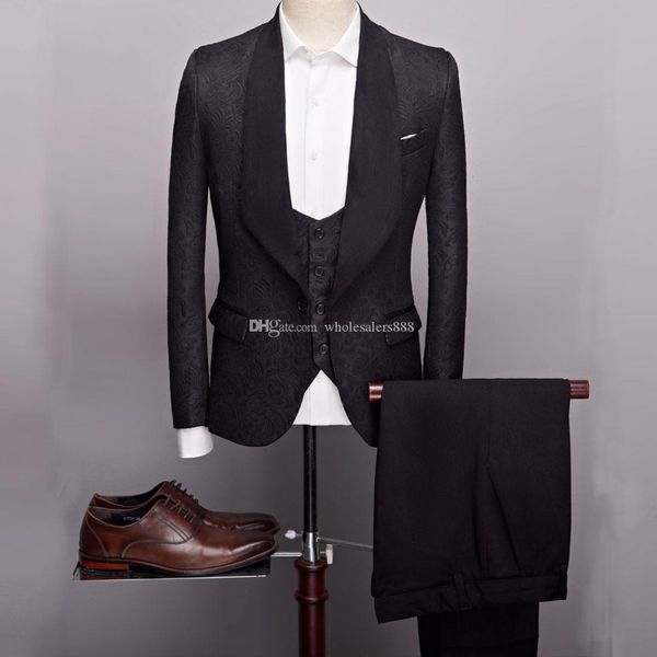 

custom made men suits 14 color pattern and black groom tuxedos shawl satin lapel groomsmen wedding man ( jacket+pants+vest+tie ) l384, Black;gray