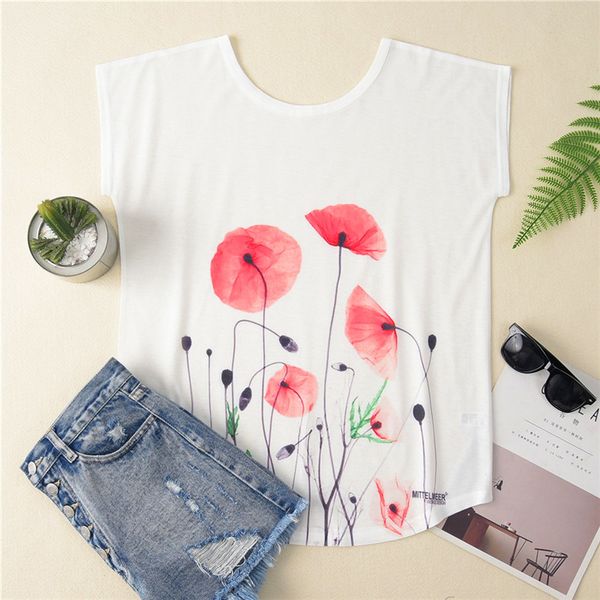 

women swaying red flowers printed t-shirt harajuku fashion short sleeve t-shirt o-neck casual tee for female, White