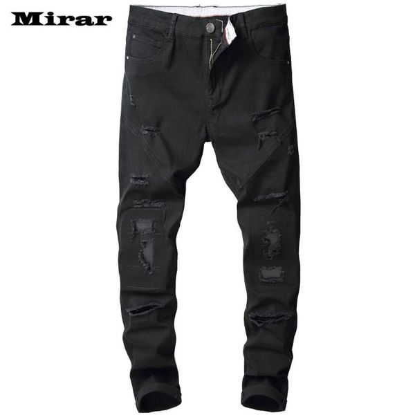 

men's stretch hole casual slim sweatpants pencil jeans trousers pants, Blue