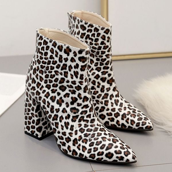 

boots women women pointed toe boots zipper thick ankle high heel shoes leopard chaussures femme hivert 2020 40, Black