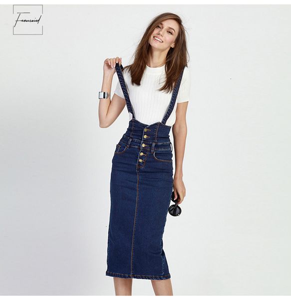 

long with skirt denim straps women button autumn jeans skirts plus size long high waist pencil skirt denim skirts womens, Black