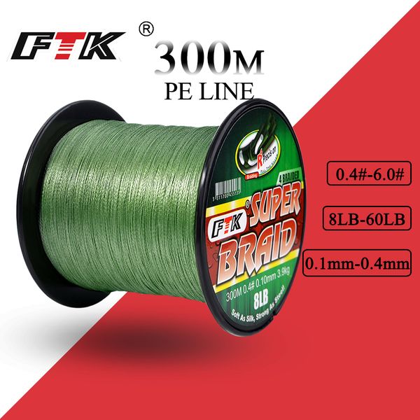 

ftk braided wire 300m pe braided fishing line 0.4-6.0 code 4 strands 8lb 10lb 20lb 60lb pe multifilament fishing line