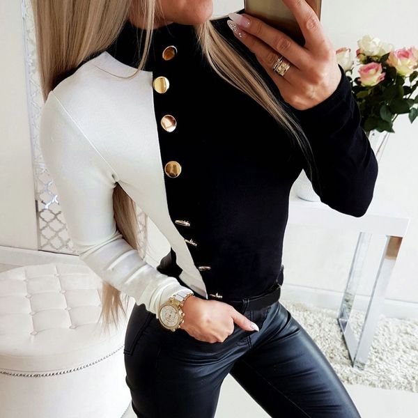 

fashion colorblock buttons blouse casual winter ladies turtleneck slim fit female women long sleeve shirt blusas pullover, White