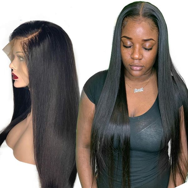 

long glueless 13x6 lace front human hair wigs pre plucked brazilian straight frontal wig for black women, Black;brown