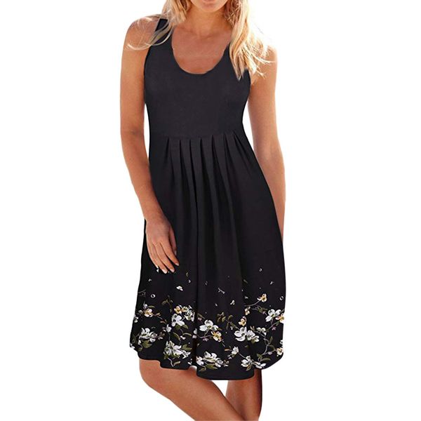 

muqgew summer dress women 2019 sleeveless o neck floral print mini dress streetwear casual bohemian robe femme, Black;gray