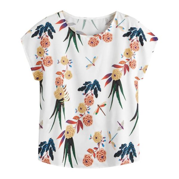 

fashion womens plus size casual flower print summer o-neck shirt, White