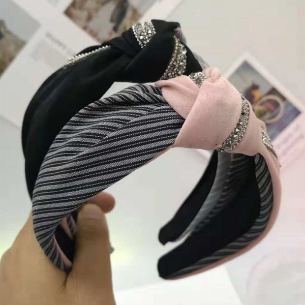 

rhinestone strip headbands for women ladies striped multicolor knotted hairband wide side headband, Golden;white