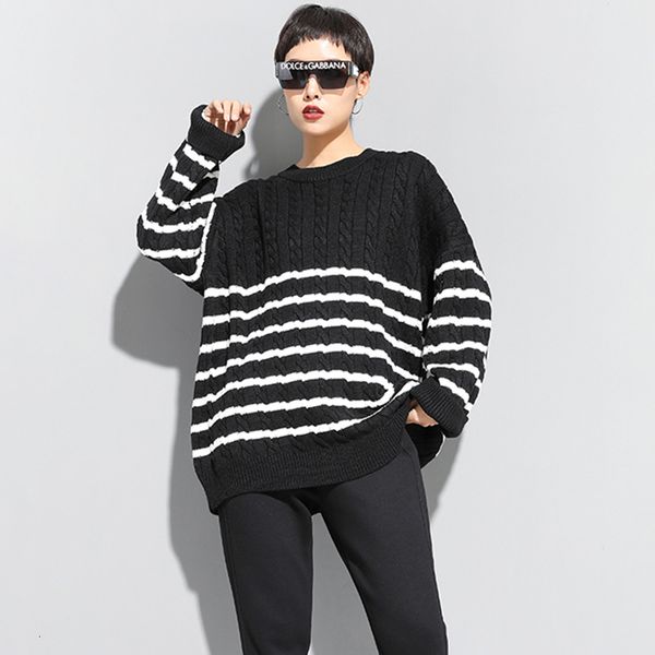 

womengaga striped hit color knitting sweater women o neck long sleeve oversize loose female sweaters clothes 2020 fashion xx217, White;black