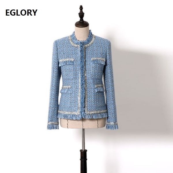 

2019 autumn fashion jackets women golden yarn patchwork long sleeve blue woolen coat jacket ladies classic coat outerwear, Black