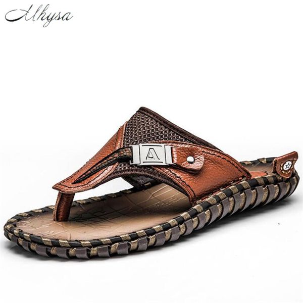 

mhysa 2020 summer men sandals split leather men beach sandals fashion casual shoes flip flops slippers sandalias hombre, Black