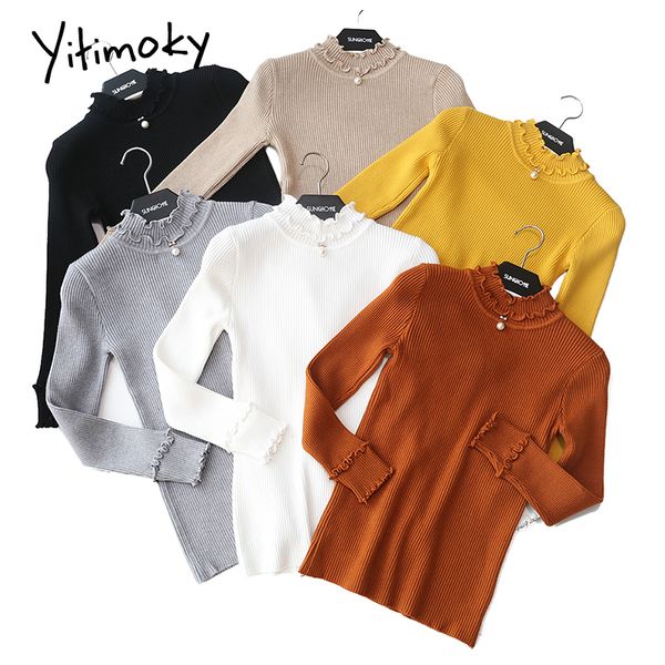 

ruffles half turtleneck sweaters women pullovers solid soft slim stretch korean winter clothes women knit shirt casual fashion, White;black