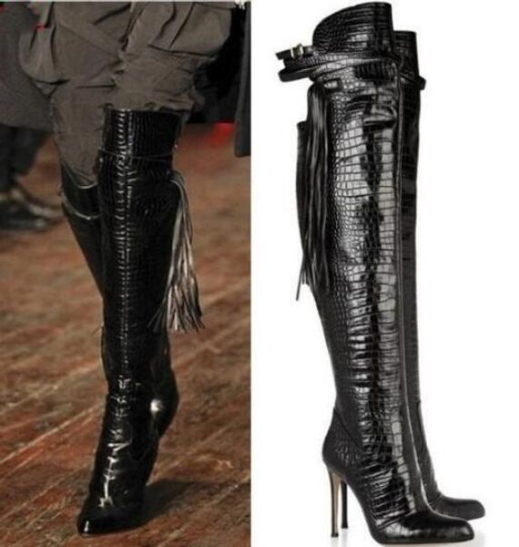 

winter new brand women 100% genuine leather snakeskin python pointed toe stiletto heels fringe tassel over the knee boots lady, Black