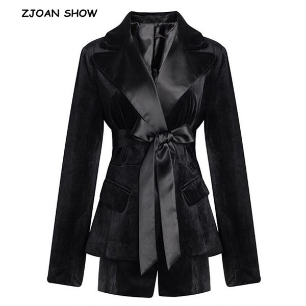 

2019 new women ol notched collar stitching velvet blazer black tide bow sashes long sleeve x-long double hem suit jacket coat, White;black