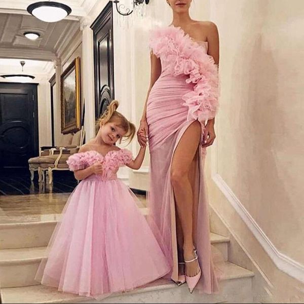 

vintage pink tulle long flower girl dress a line handmade flowers little girls dresses for wedding prom party gowns, Red;yellow