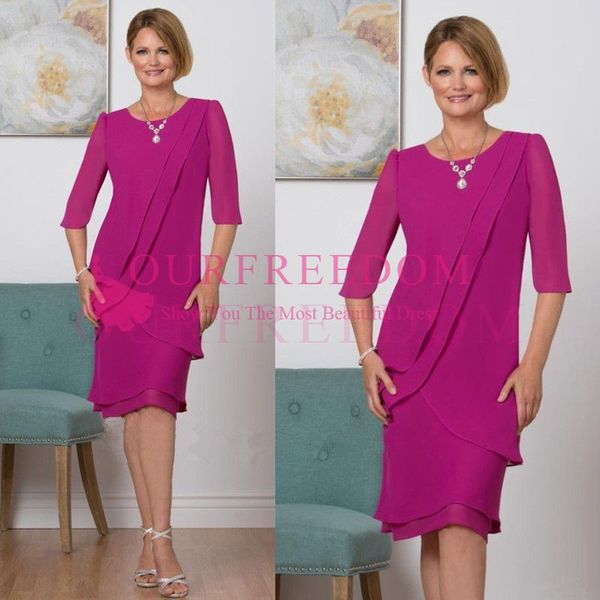 2019 Fuchsia Chiffon Knne Length Mother S Dresses 3 4 Long Sleeve