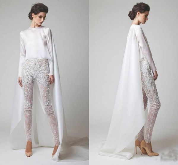 

2019 New White Evening Dresses Two Pieces Chiffon Lace Pearl Trousers See Through Long Sleeves Elio Abou Fayssal Evening Gowns With Jacket