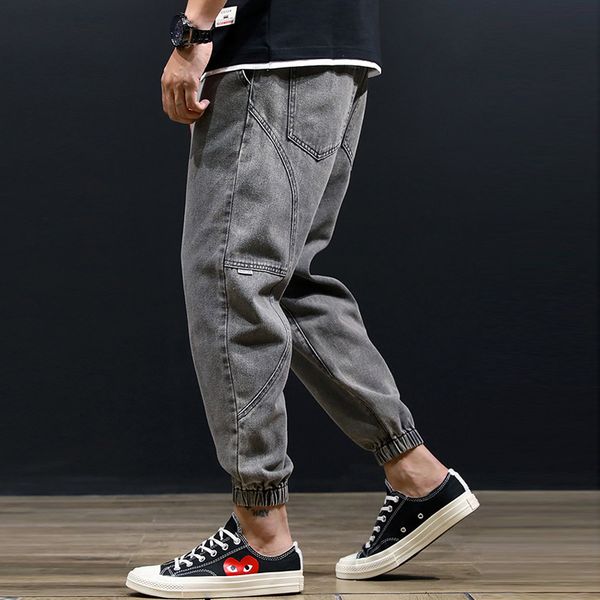 

men jeans patchwork harem men casual joggers pants hip hop elastic waist denim pants loose baggy taper black trousers man jeans, Blue
