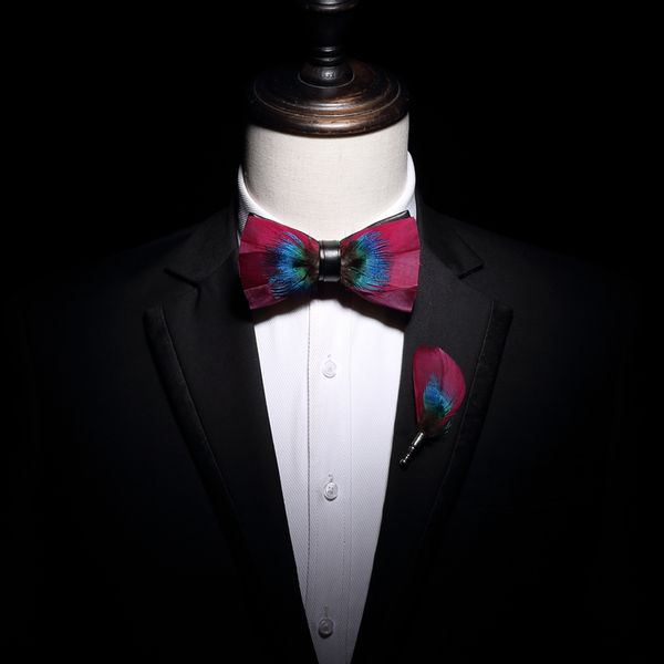 

new male's spring rose red color matching feather bow tie set wedding party ceremonial personality banquet host, Blue;white