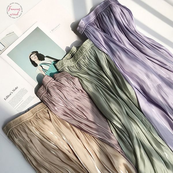 

super fashion summer metallic cupro silk mid calf skirts elastic waist soft draped pleated long a line skirts solid pink mint green, Black