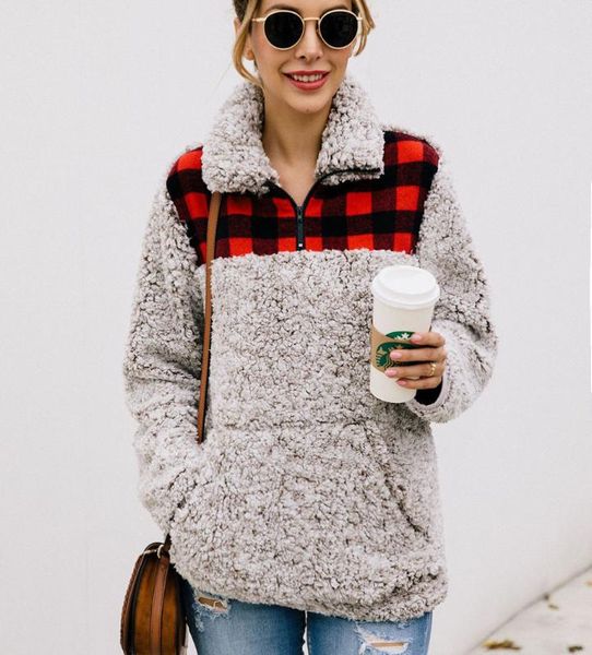 

autumn winter women streetwear hoodies plush zip stand collar pullovers casual fashion loose women patchwork hoodies, Black