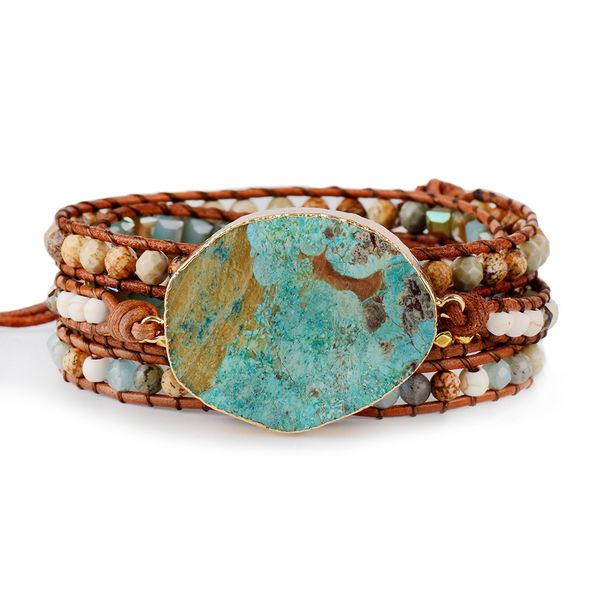 

women leather unique mixed natural stones gilded stone charm 5 strands wrap bracelets handmade boho bracelet dropship c19041601, Golden;silver