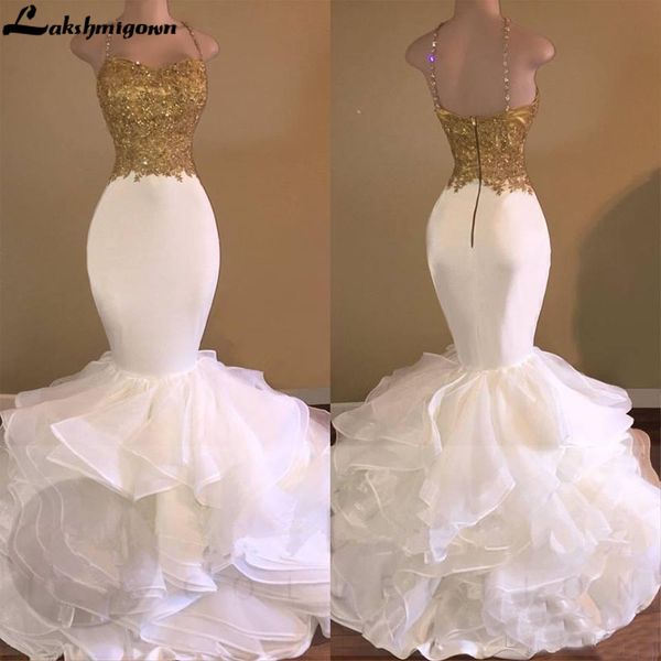 

lakshmigown elegant white mermaid evening dress gold lace spaghetti strap backless floor length long gown vestido fiesta largo, White;black