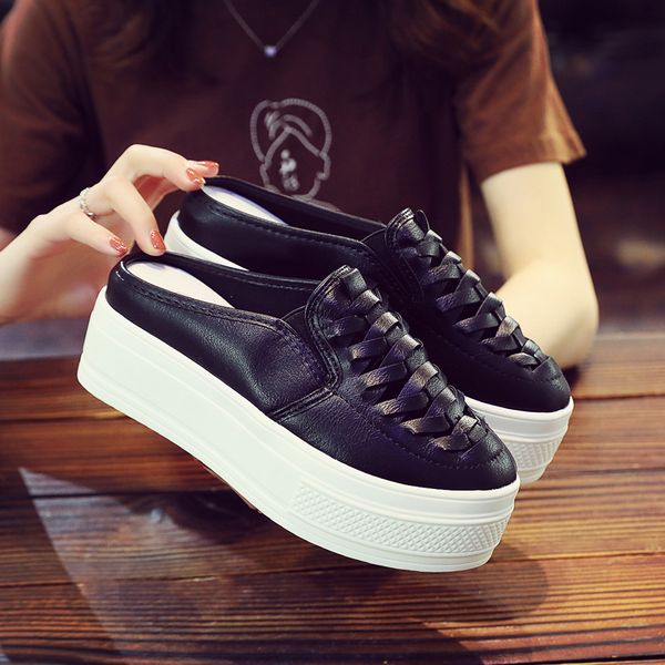 

on a wedge shoes woman 2020 cover toe increased internal house slippers platform luxury slides fretwork heels loafers med, Black