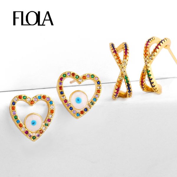 

flola cute love heart earrings for women rainbow zircon stud earrings infinity statement gold crystal greek eye jewelry ersr93, Golden;silver