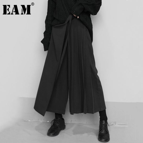 

[eam] high elastic waist black pleated split wide leg trousers new loose fit pants women fashion tide spring autumn 2020 1n666, Black;white