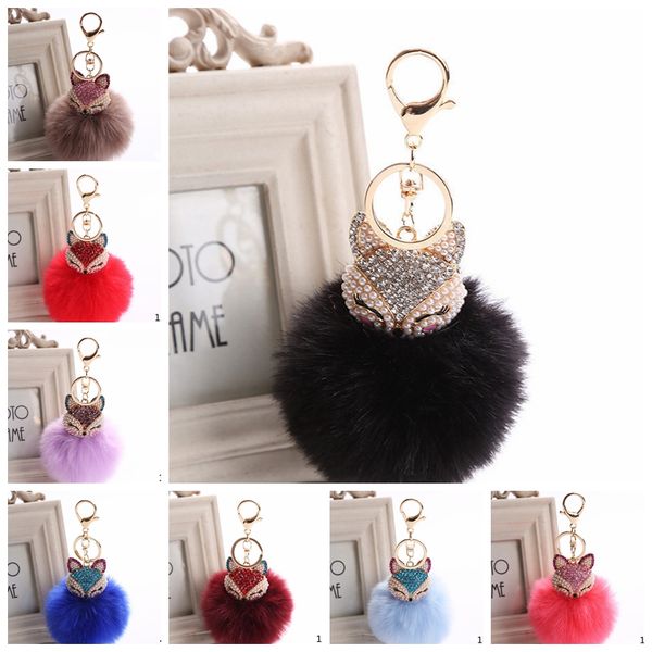 

10pcs for sets fox head key chain large rabbit fur ball plush trinkets rhinestone pendant hanging bag car key chain ring toy gift jewelry, Black