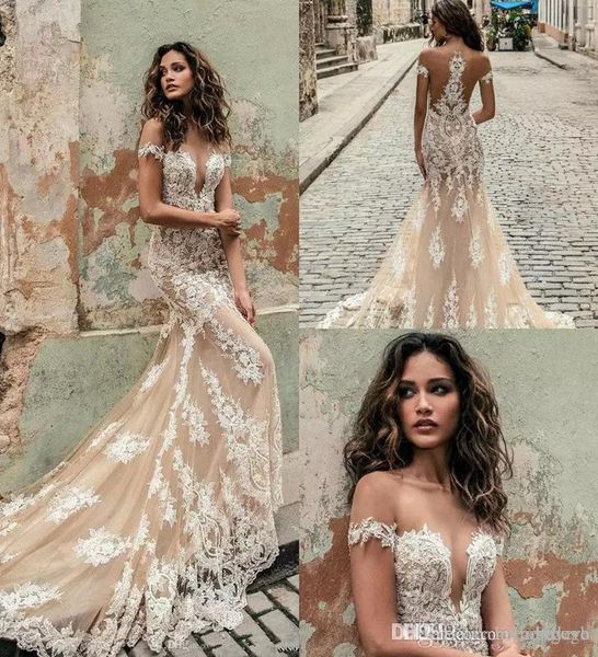 

champagne julie vino mermaid wedding dresses 2019 off shoulder deep plunging neck lace applique trumpet bridal gowns custom wedding dresses, White