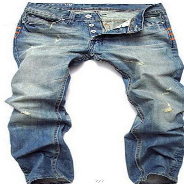 

light blue straight mens jeans designer slim long distrressed zipper fly jeans fashion male clothing
