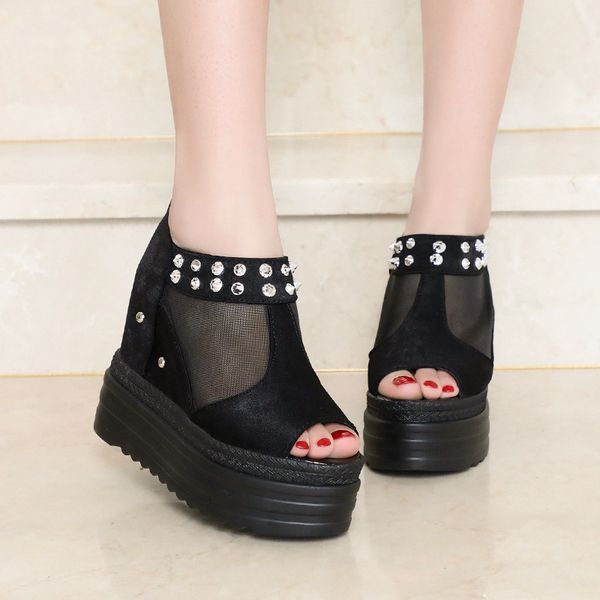 

2019 summer new style korean-style thick bottomed open-toed shoes elevator women's sandals breathable slanted heel high-heel gau, Black