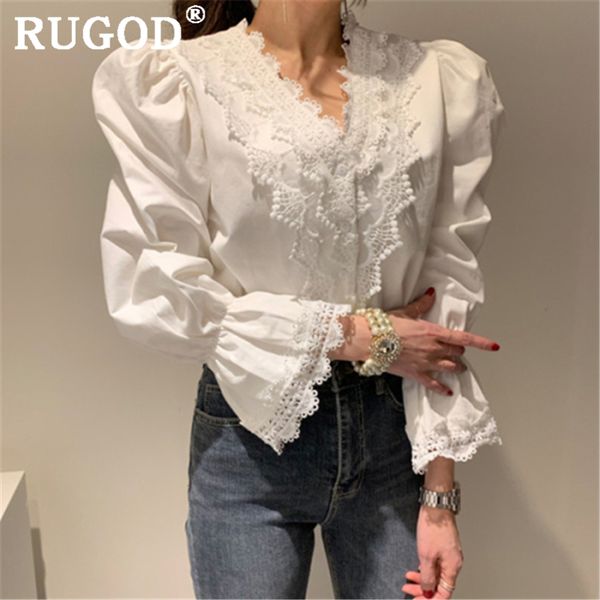 

rugod 2020 new spring women white blouse elegant v neck lace embroidery puff sleve ladies shirts fashion casual loose woman
