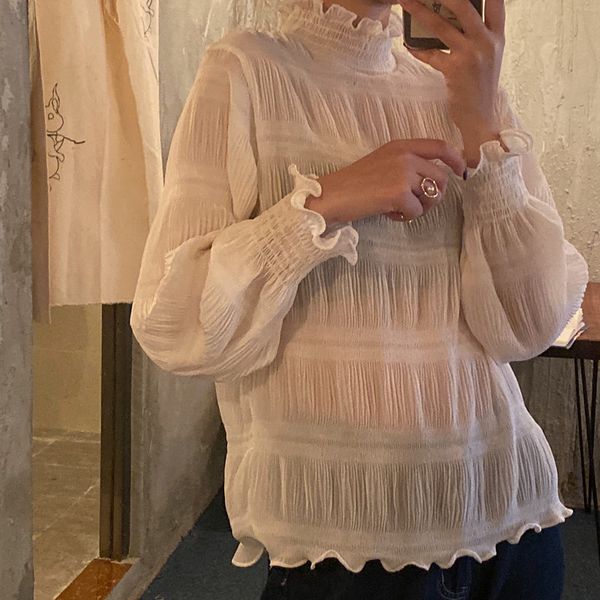 

alien kitty solid pleated stand chiffon light fairy basic sweet blouses 2020 cute chic all match casual female basic shirts, White
