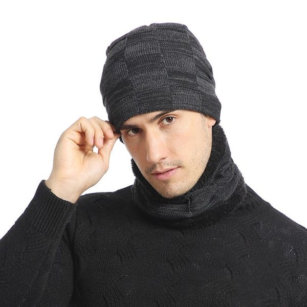 

winter jacquard plaid knit beanie hat scarf set ski skull cap neck warmer, Blue;gray