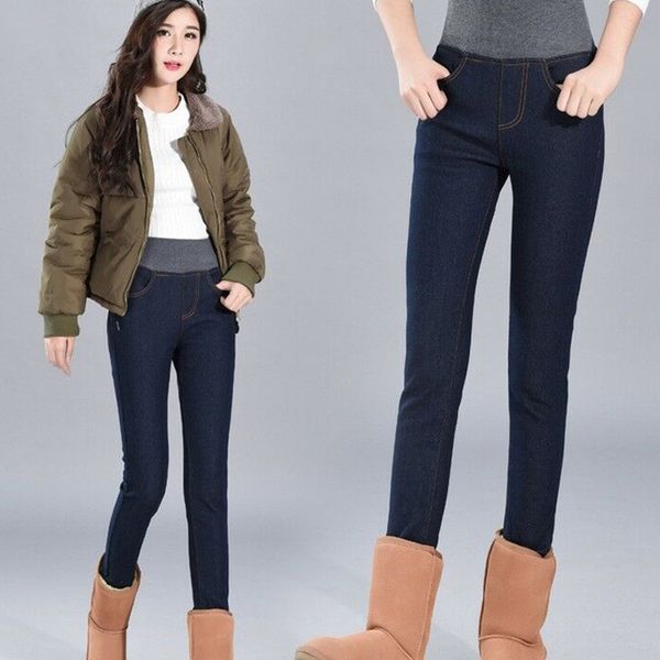 

women winter thick thermals warm fleece nap jeans high waist trousers slim pants outdoor mc889, Black;blue