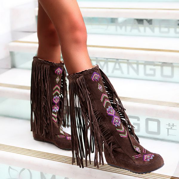 

winter boots women shoes plus size 48 bohemia fringe knee high boots women fashion embroider casual shoes woman, Black