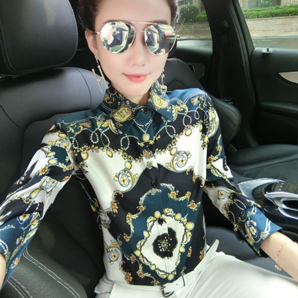 

spring fall silk satin floral luxury shirts runway women long sleeve lapel neck printed ladies designer blouse slim office button shirt, White