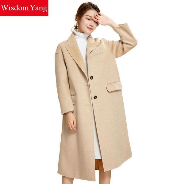 

elegant womens sheep wool coat camel female woolen trench winter coat ladies plus long suit office korean overcoat outerwear, Black